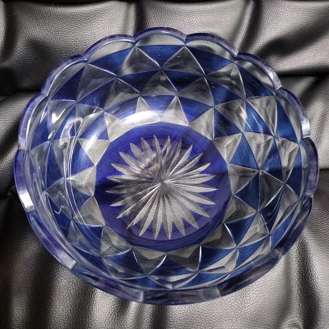 アンティーク 切子 鉢 ブルー ガラス