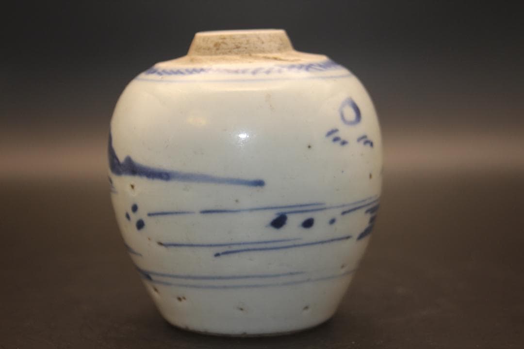 【海】古染付　清時代　人物山水絵中壺　本物保証！ 骨董品 時代品 美術品