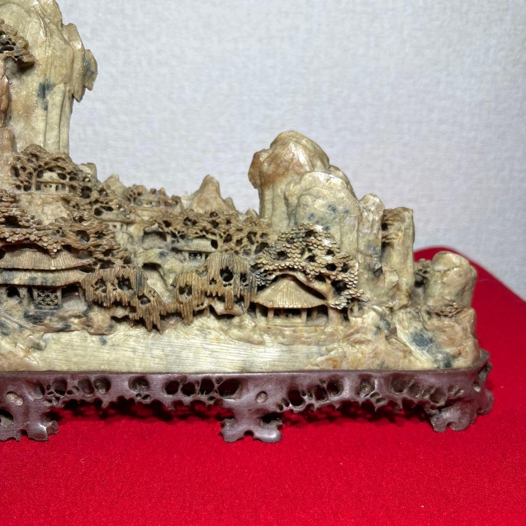 中国美術　寿山石　楼閣山水　置物　床飾　彫刻　4.45kg
