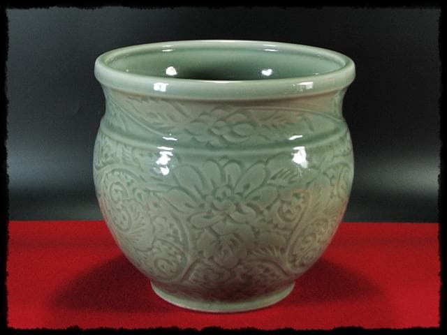 時代 青磁 目跡 水屋瓶 水屋壺 水甕 水瓶 茶道具 水屋道具 f307