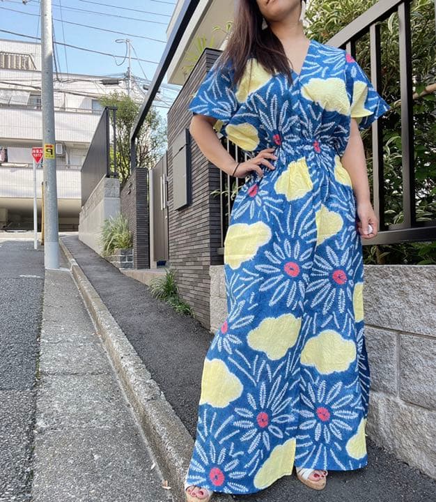 浴衣　リメイク　有松絞り　ワンピース ハンドメイド　ロング　シンプル　青　黄色