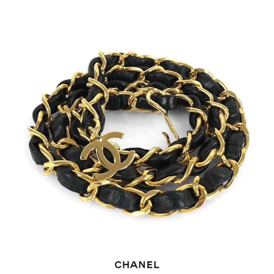 美品 CHANEL シャネル チェーンベルト ブラック×ゴールド GP×革