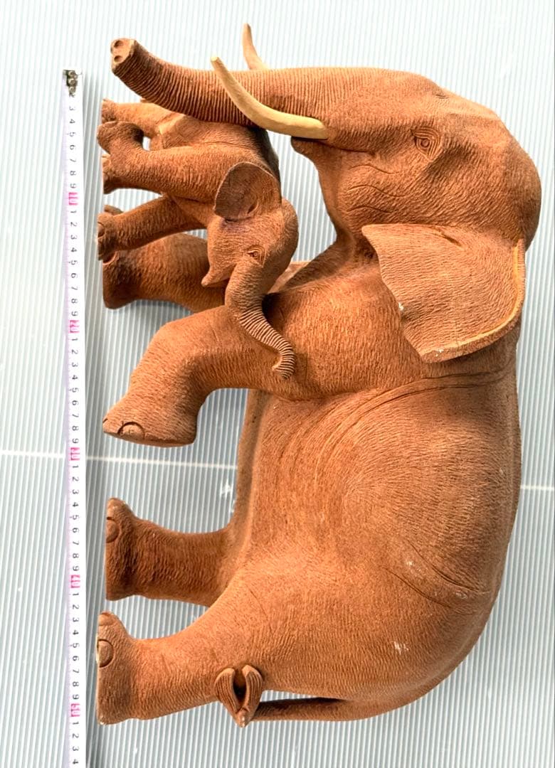 珍しい 希少！50cm リアル 一刀彫り 親子 ゾウ 彫刻 アンティーク 象