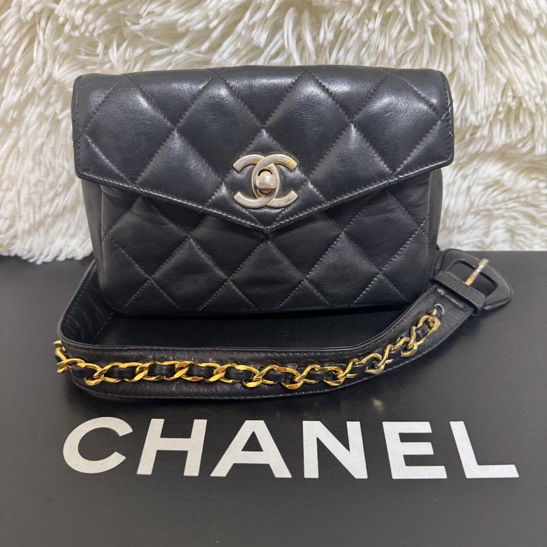 シャネル ウエストポーチ マトラッセ ラムスキン ヴィンテージ ココマーク 黒
