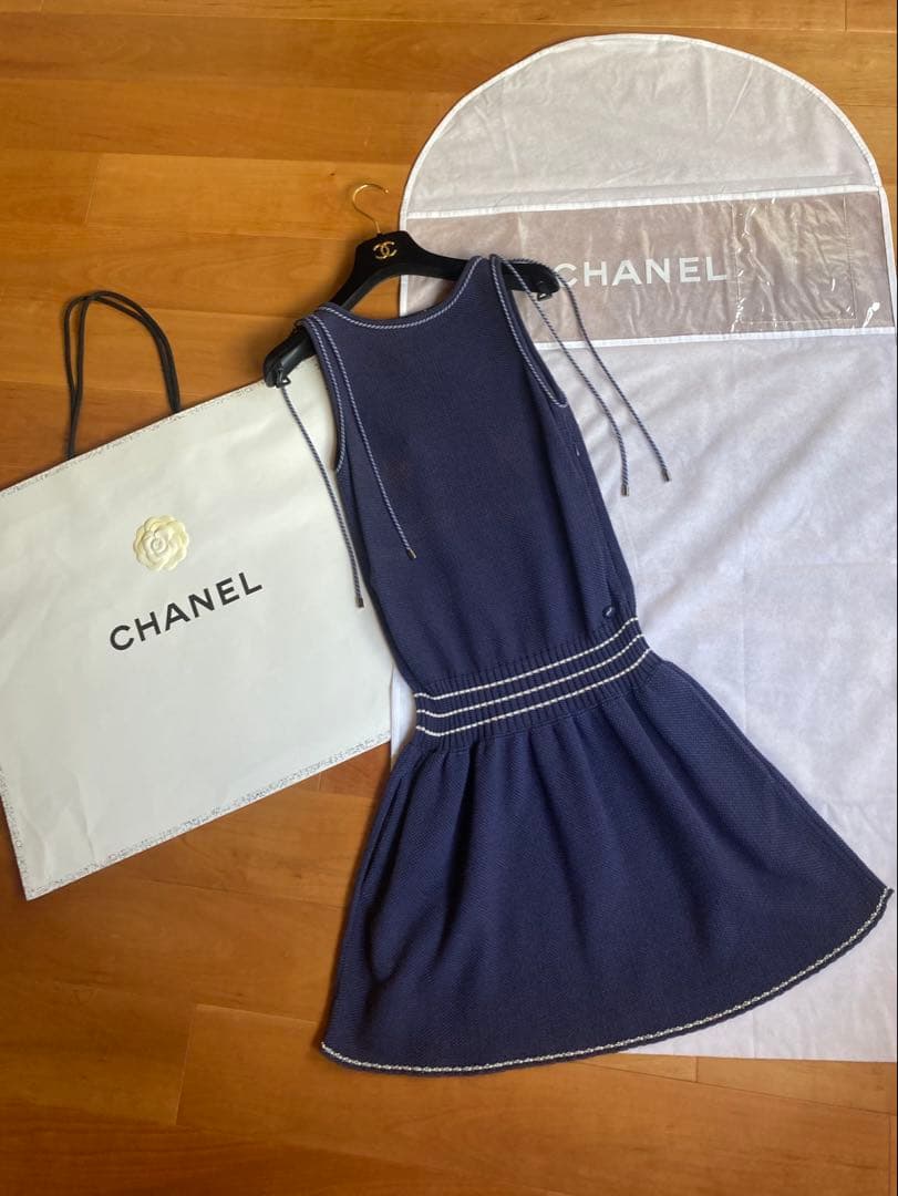 CHANEL サマーニット ノースリーブ ワンピース ドレス 36 ネイビー