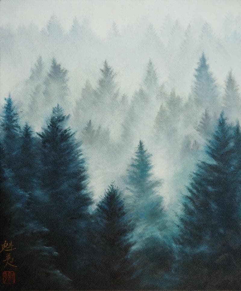 【値下げ】風景画　油絵　東山魁夷　朝の山雲　F8　額付き　手描き　肉筆