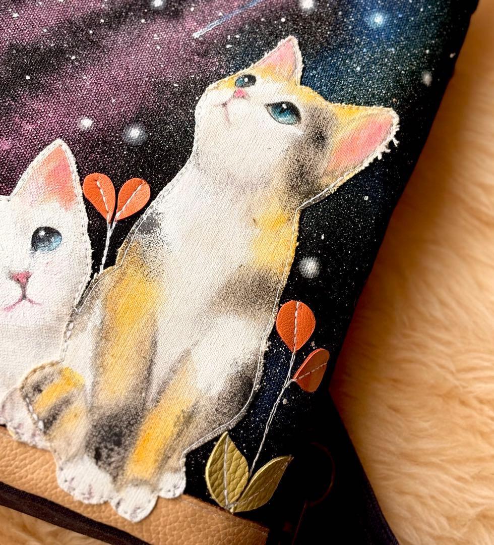 (手づくり)\"おしゃべりな夜空\"ネコたちのリュックショルダートートバッグ