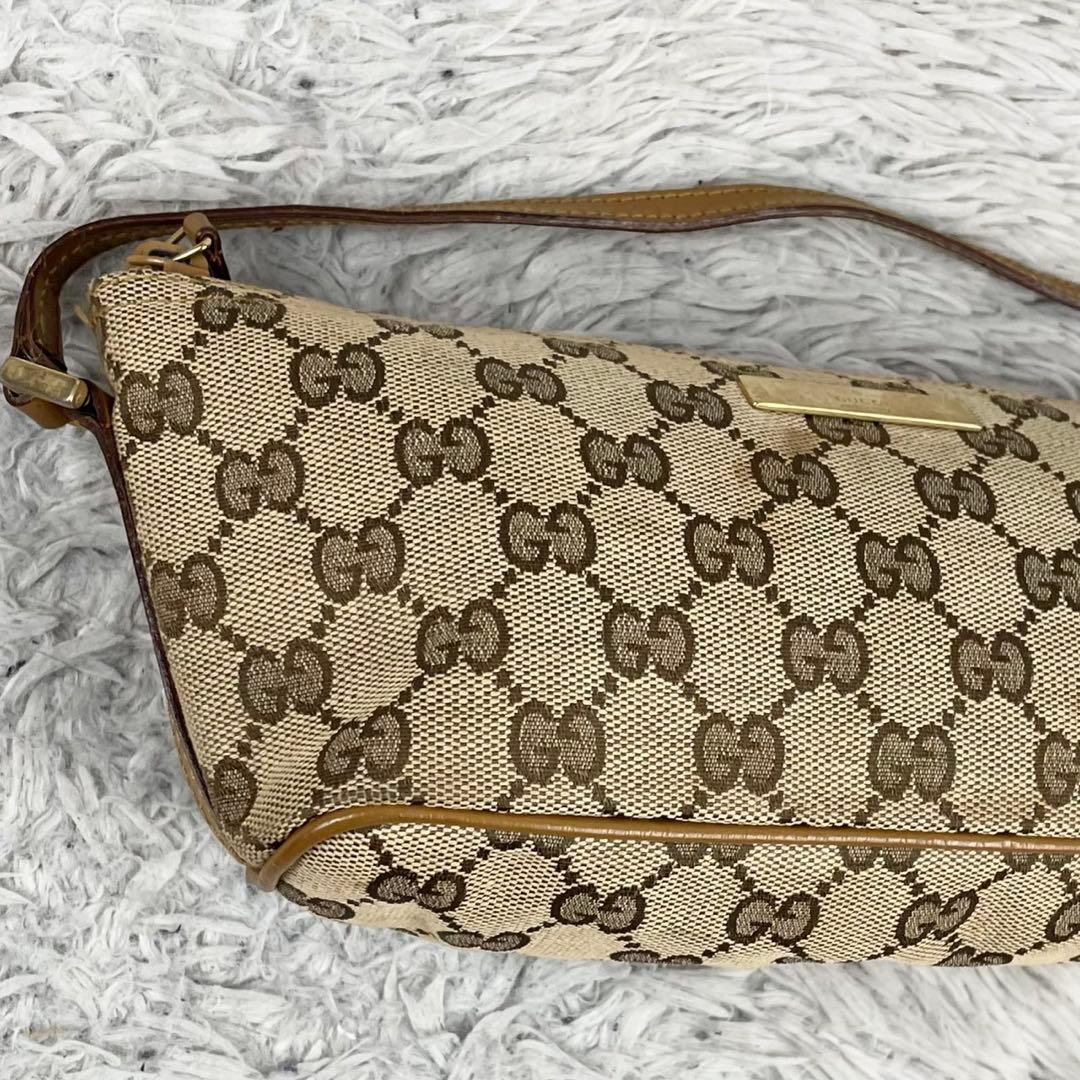美品 グッチ キャンバス アクセサリーポーチ GG柄 ロゴ型押し ファスナー 茶