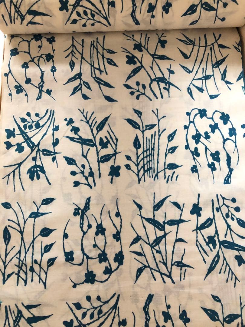 浴衣　反物　白地×浅葱色　植物文様