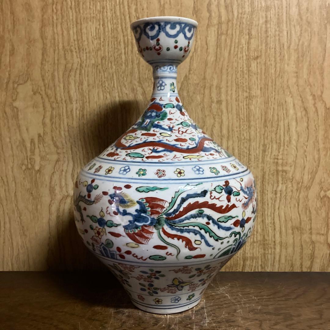 中国　色絵　瓶　龍鳳花蝶図　大明萬暦年製銘