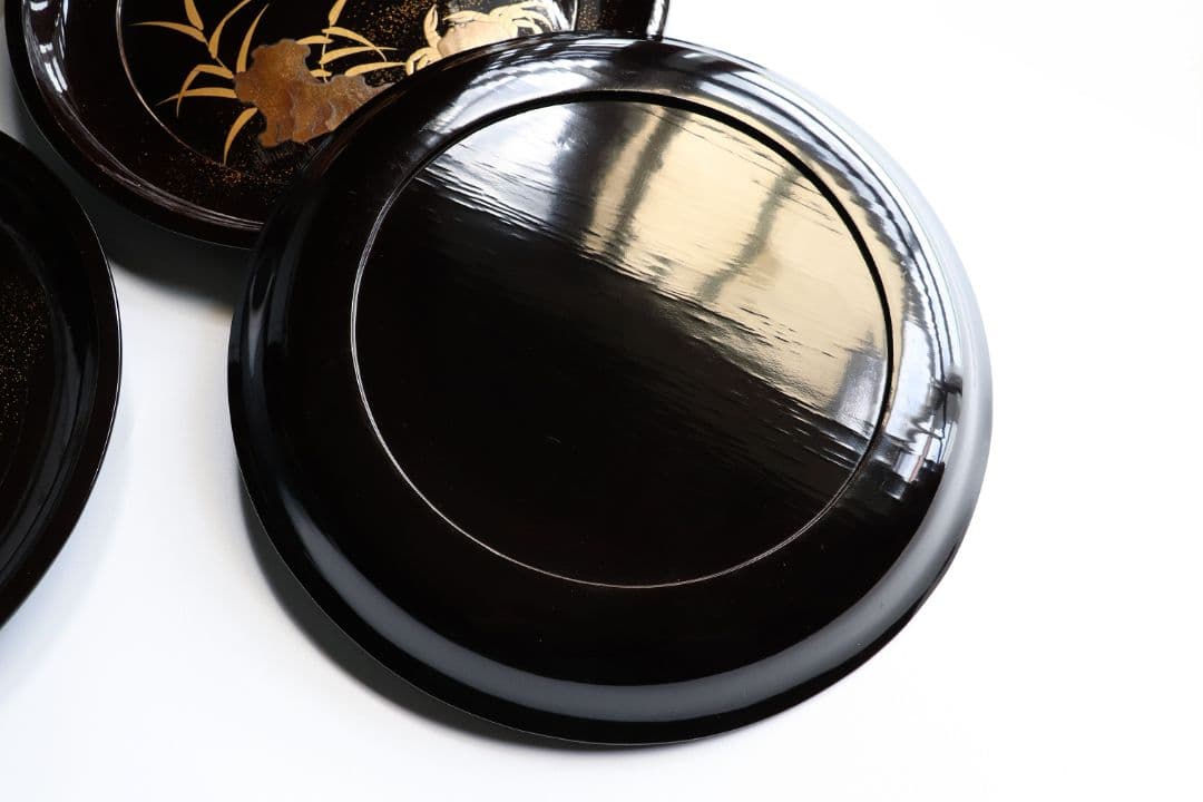 CK91 木製漆器 蟹蘆金蒔絵 黒塗 大徳寺盆 五客 24.5cm 木皿 菓子盆