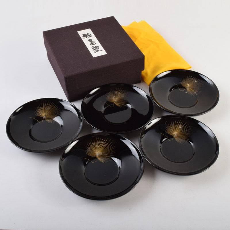 輪島塗　大向高洲堂　黒漆　飛松沈金　銘々皿　五客　箱付　N　9006