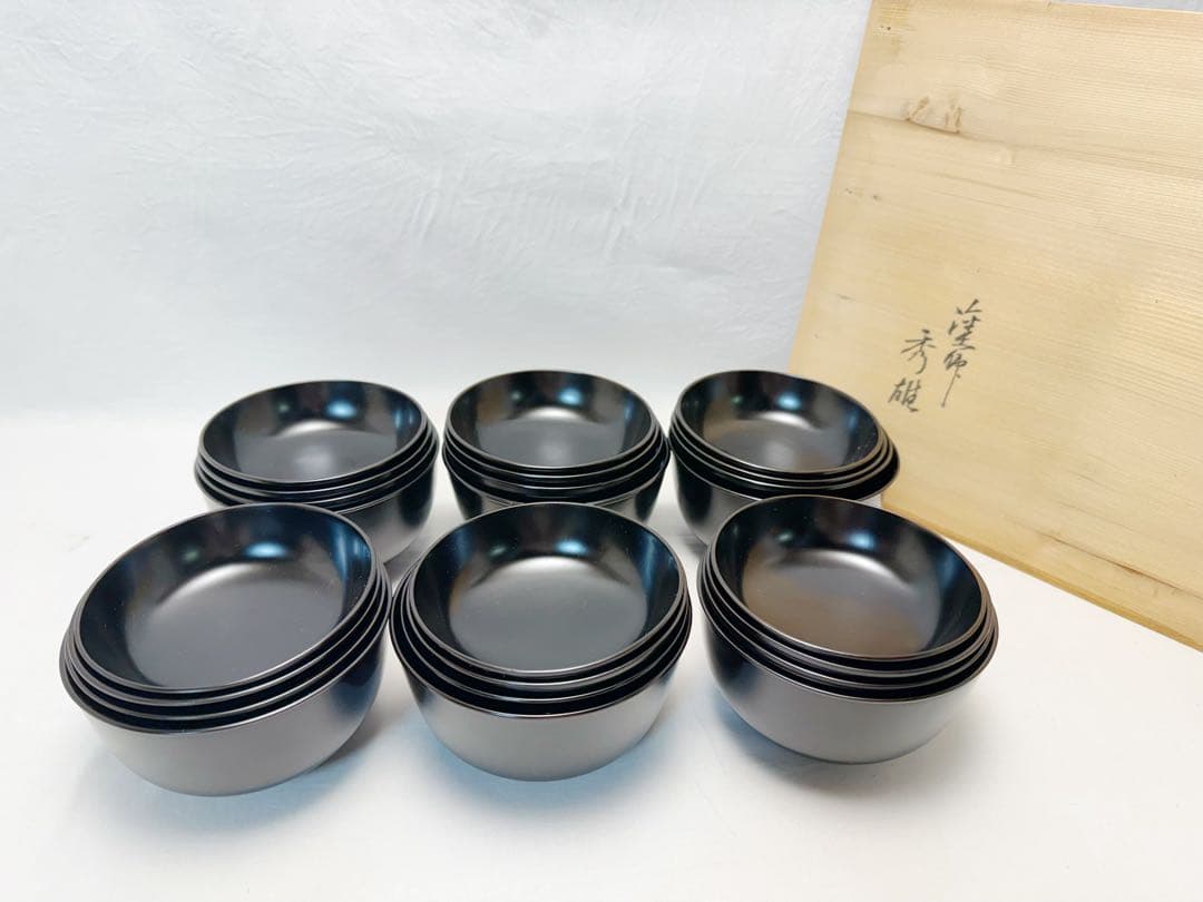 懐石道具 塗師 秀雄造 木製黒塗 特製 小丸椀 四つ椀 6客組 共箱
