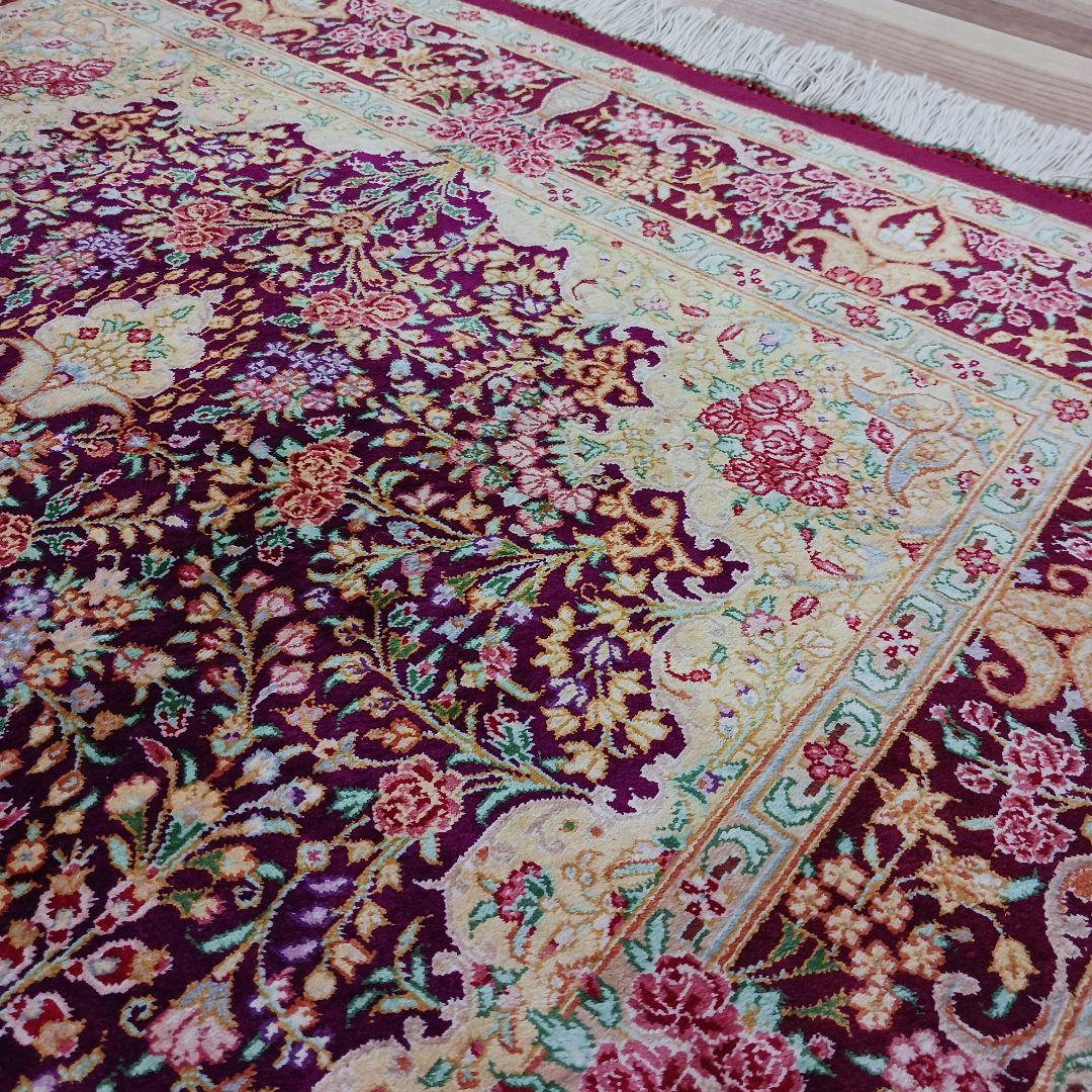 Y3257 高級ペルシャ絨毯 クム産 シラジ工房 シルク 手織り 工房サイン