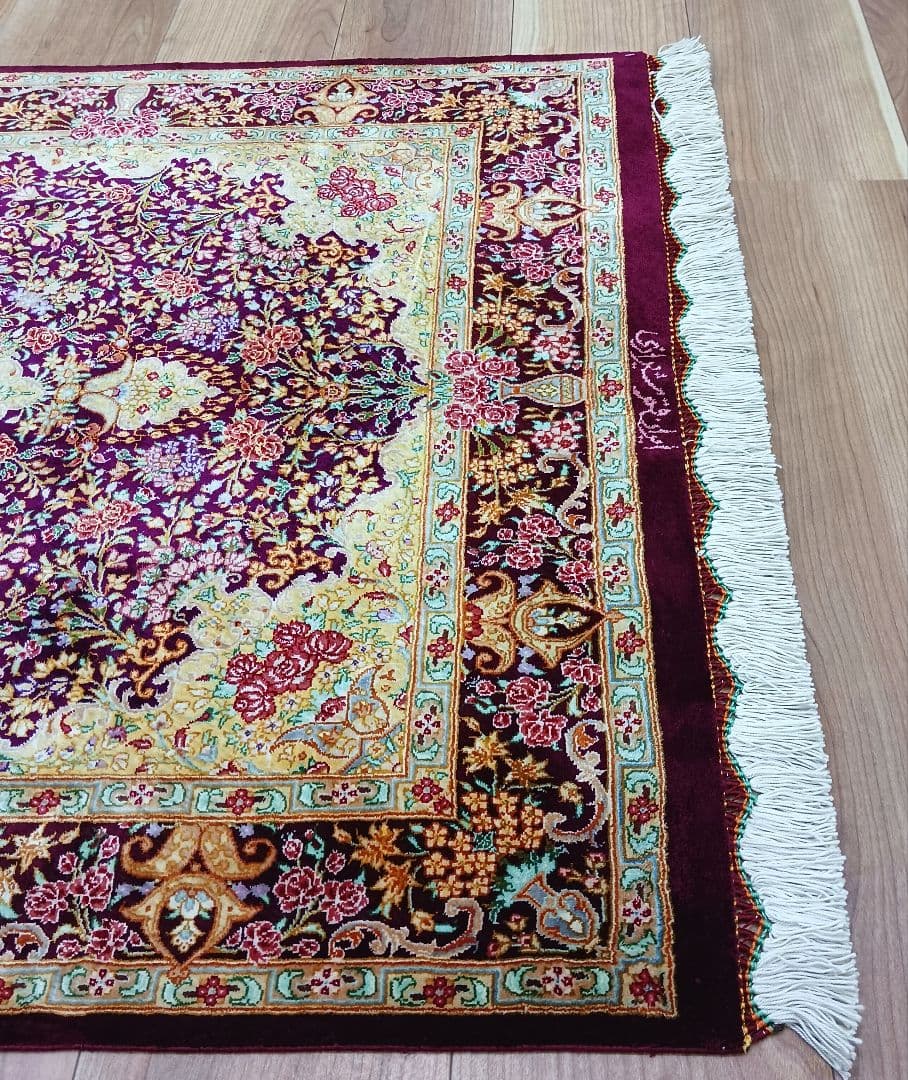 Y3257 高級ペルシャ絨毯 クム産 シラジ工房 シルク 手織り 工房サイン