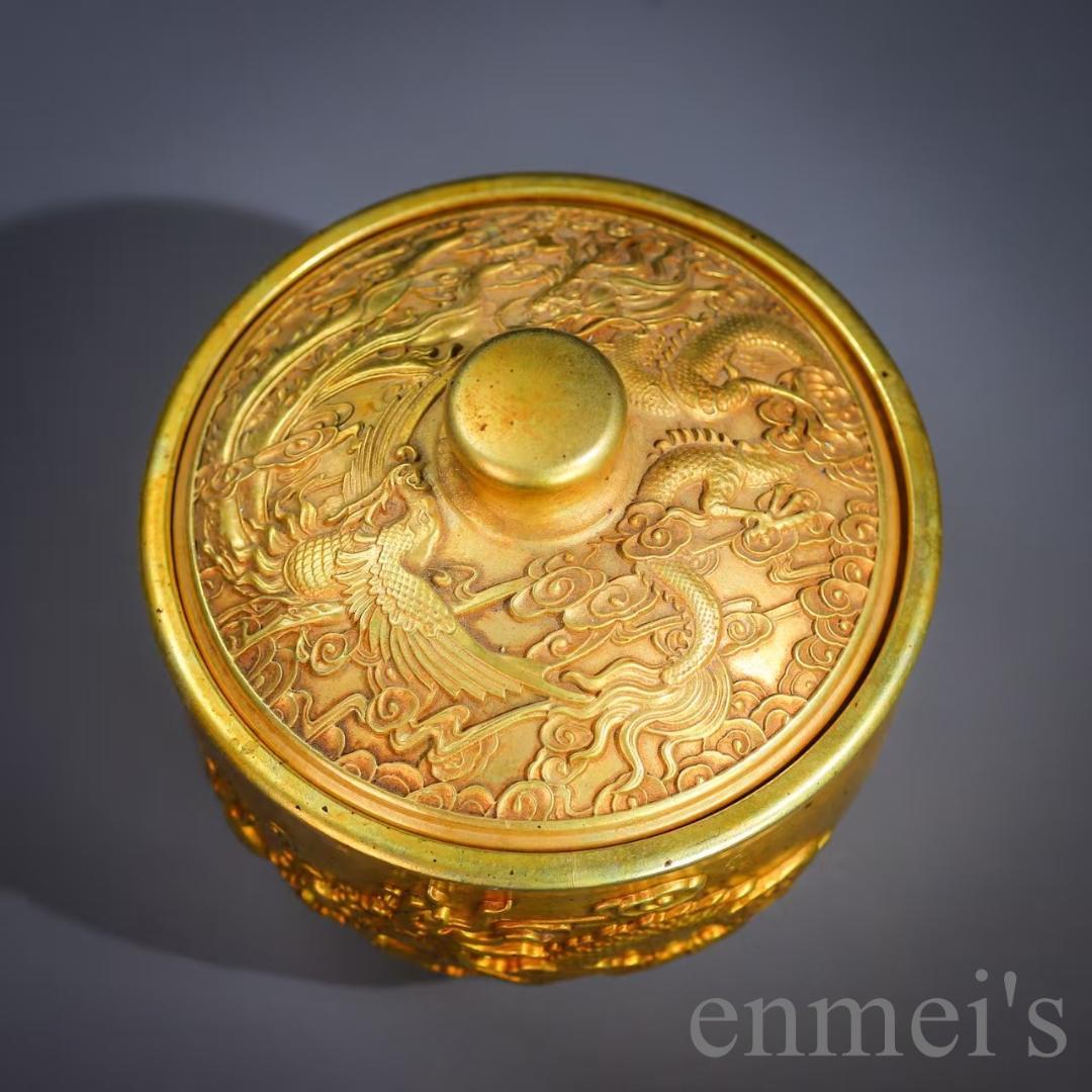 中国古美術 龍鳳文彫刻壺と容器セット 共箱 描金 純銅製 花瓶揃 供養用 置物