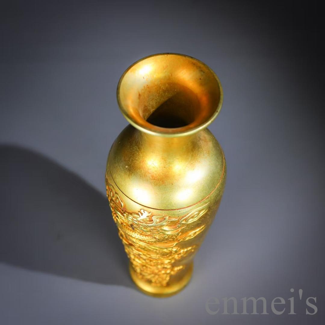 中国古美術 龍鳳文彫刻壺と容器セット 共箱 描金 純銅製 花瓶揃 供養用 置物