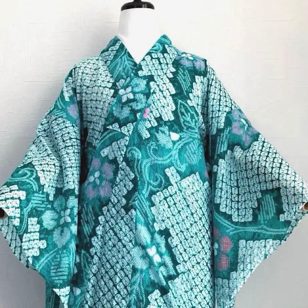 専用なまやつはし様　有松絞り浴衣　蜘蛛絞り　グリーン　花繋ぎ　手縫No.7-12