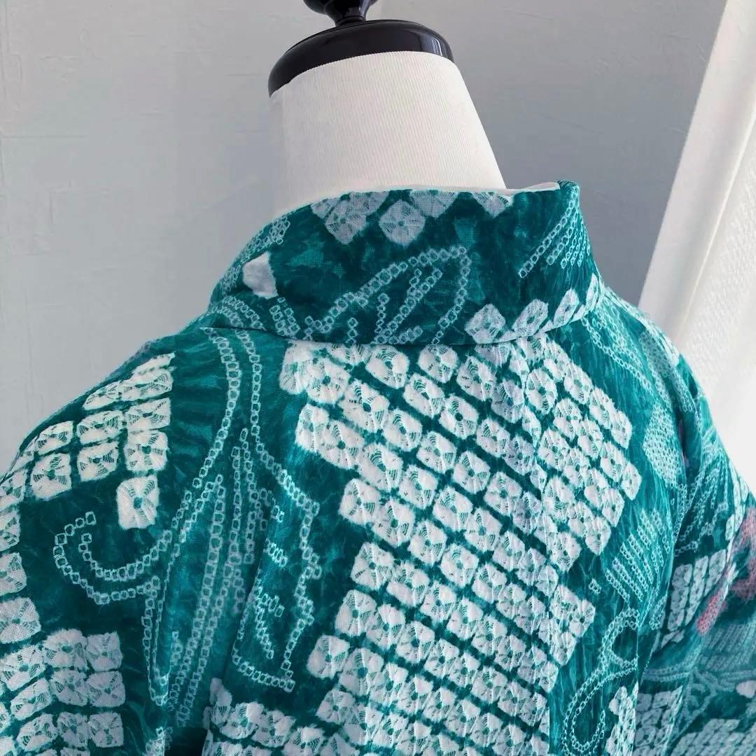 専用なまやつはし様　有松絞り浴衣　蜘蛛絞り　グリーン　花繋ぎ　手縫No.7-12