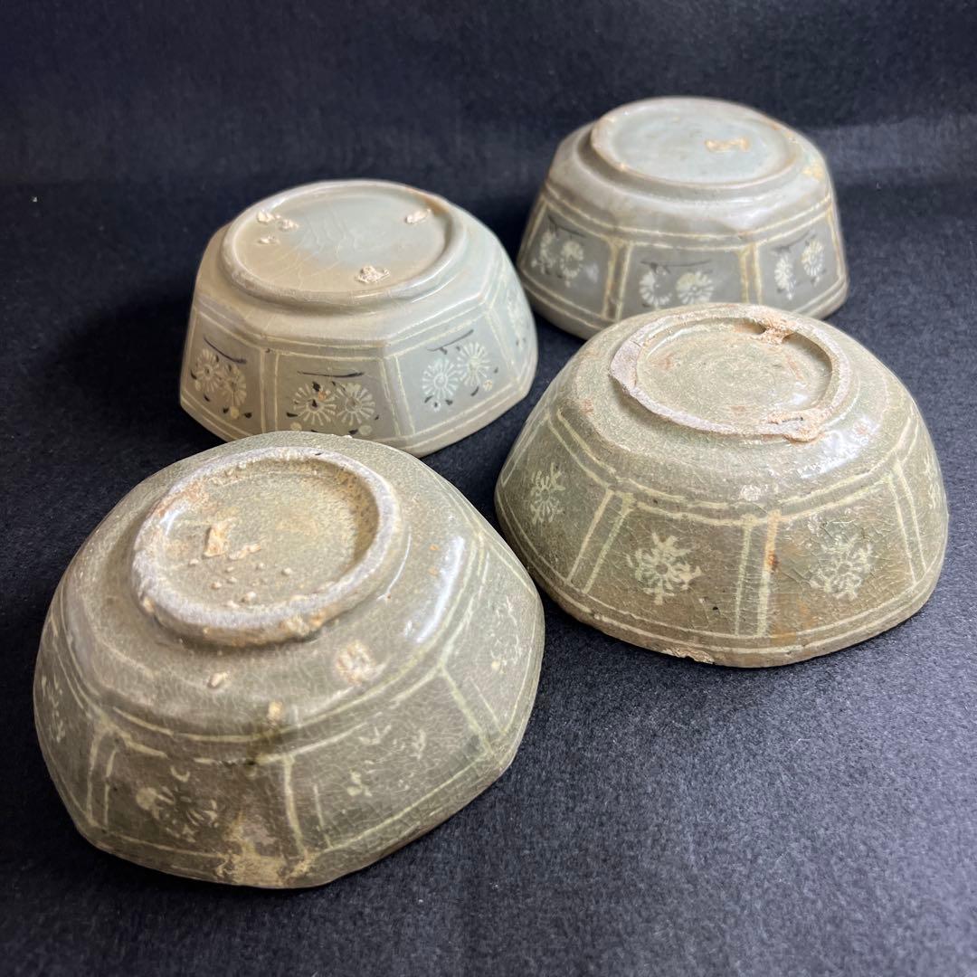 16世紀　高麗青磁　上手白泥象嵌八角鉢4客　幅約11.5㎝東Y7-1224☆2F