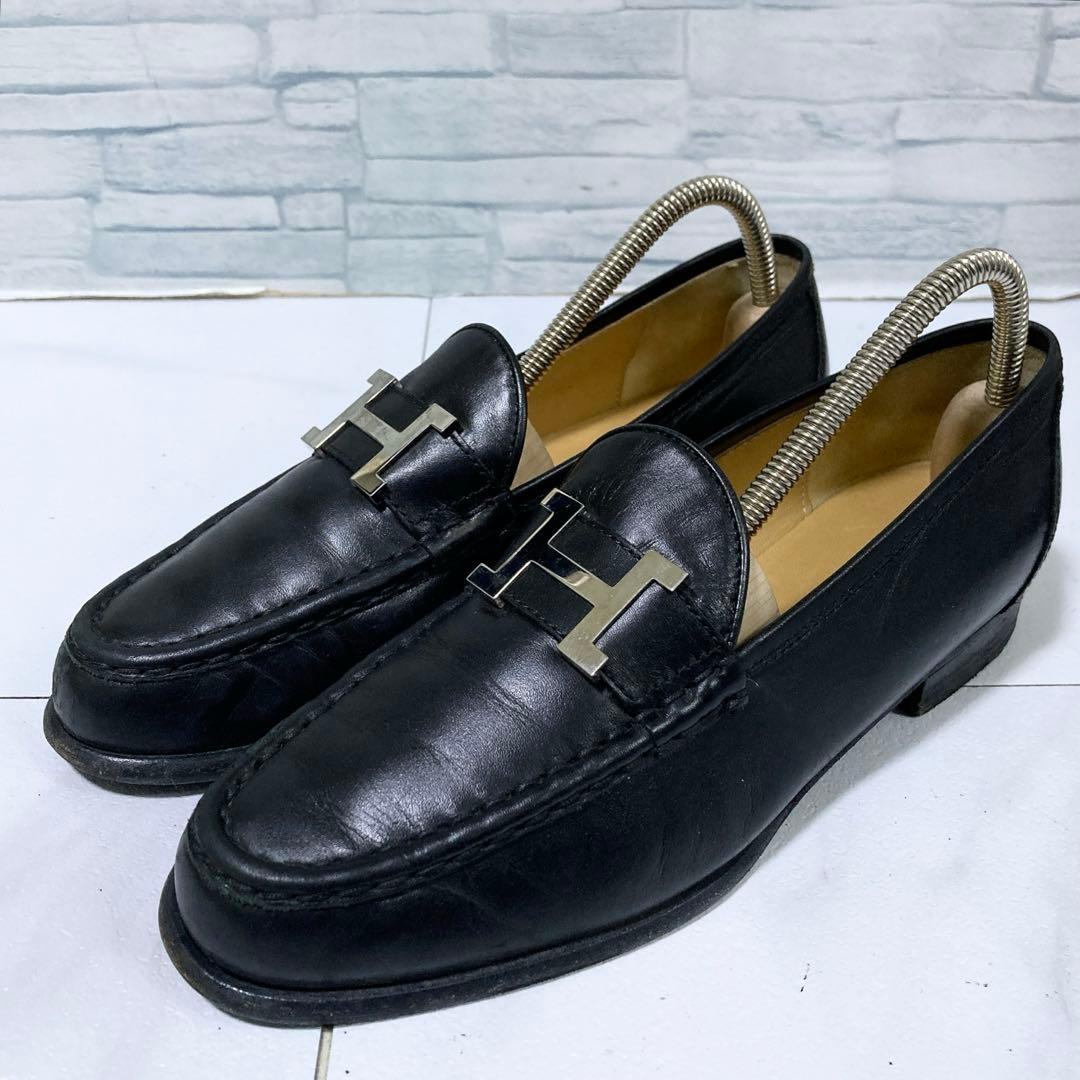 高級 HERMES エルメス モカシンパリ ローファー 黒 シルバー 23.5