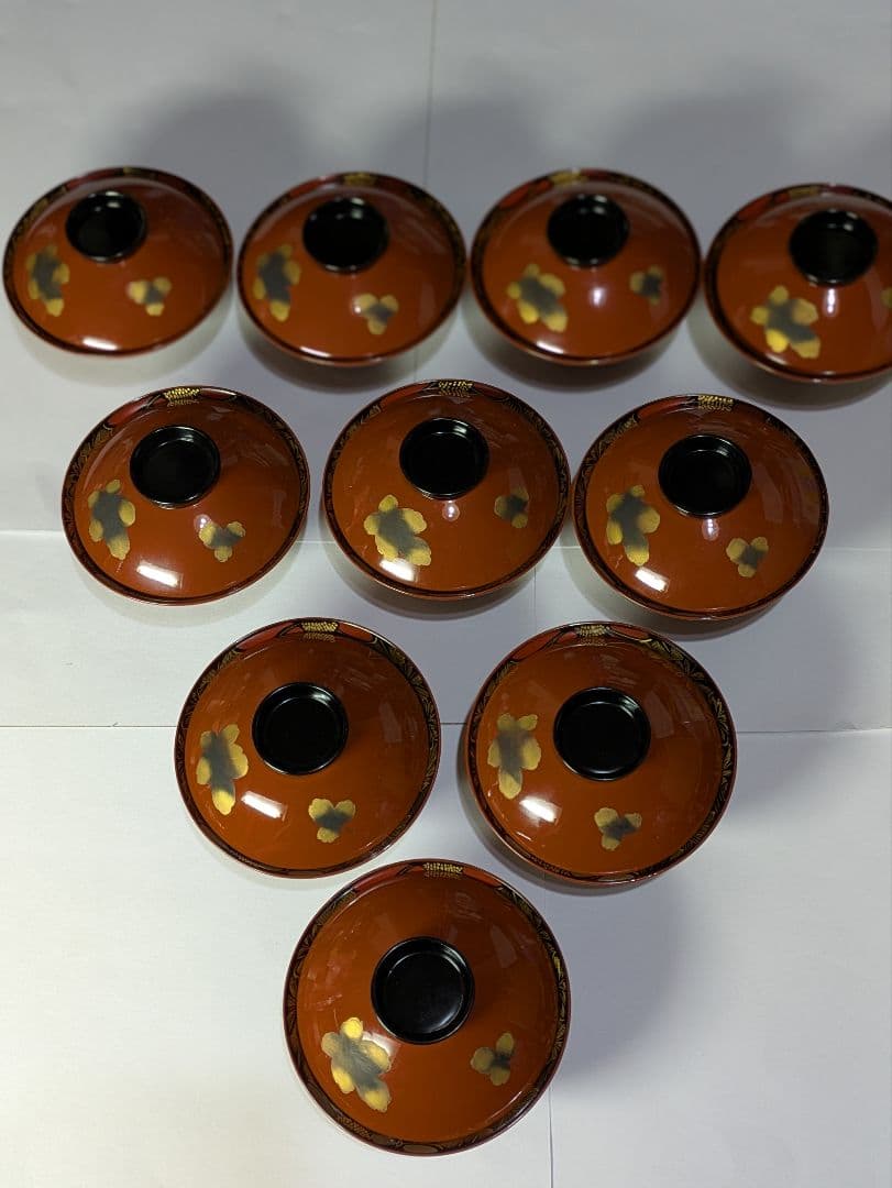 リケさん専用輪島塗、蒔絵金彩細工、沈金菊模様、木製、蓋付椀、吸物椀、10客、箱付