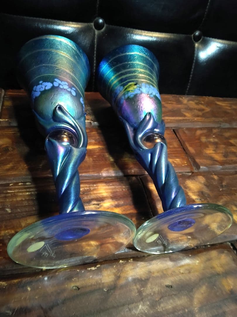 一点物　コリン・ヒーニー　ゴブレット　2個　アート　グラス　吹きガラス　サイン