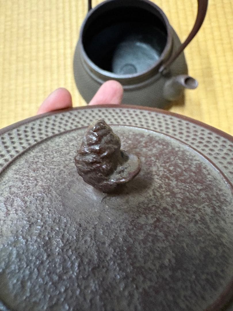 【南部鉄瓶／鉄壺】 松ぼっくり摘み・霰文様・ヴィンテージ
