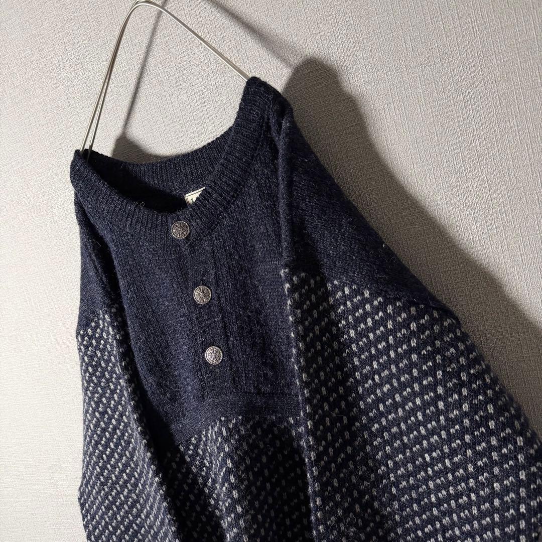 ノルウェー製★L.L.Bean バーズアイニット ハーフボタン ネイビー 人気L