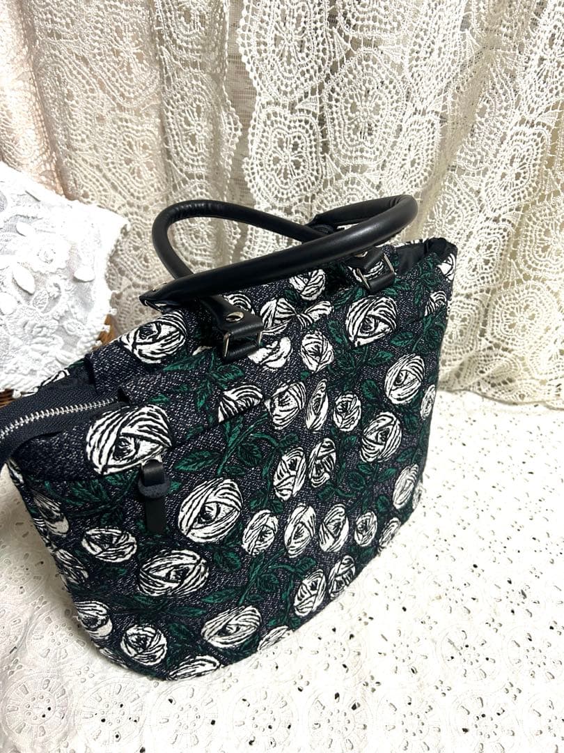 ミナペルホネンハンドメイド　rosyネイビー　本革持ち手，楕円底トートL