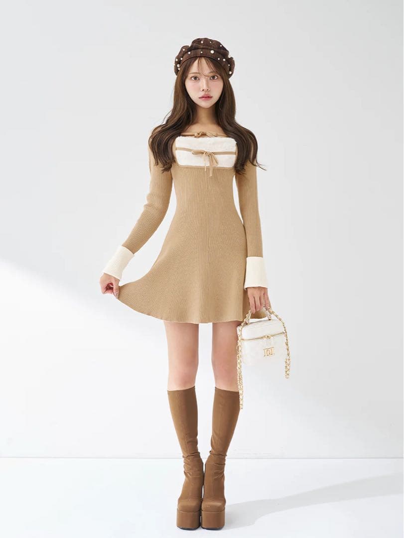 Darich リボンファーフレアニットミニワンピース