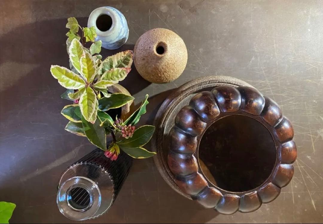 美品　精銅製カボチャ型3足香炉　ミニ色ガラスボトル付　２点セット アンティーク