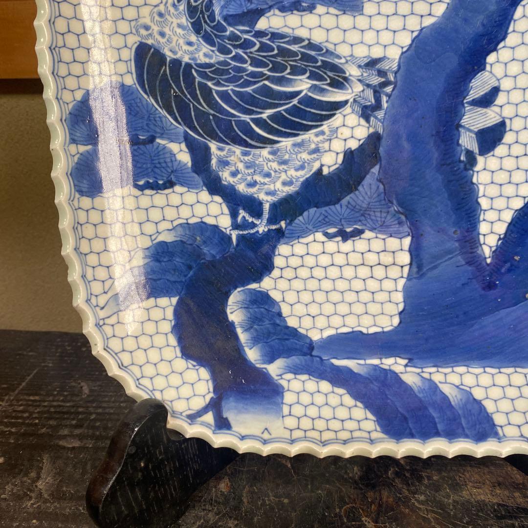 古伊万里江戸後期染付鷹狩り図大皿