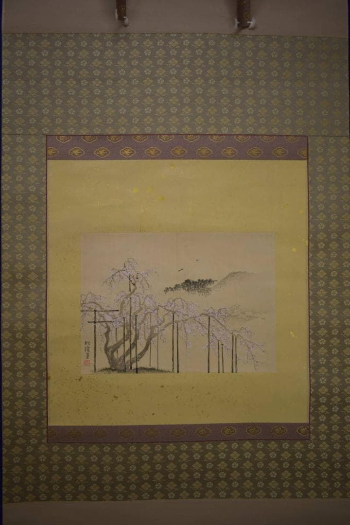 複製/松渓/塔/枝垂桜図/しだれ桜図/金泥/工芸/布袋屋掛軸HI-792
