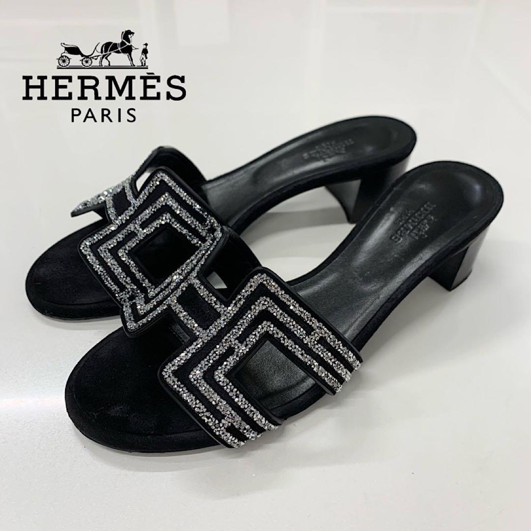 エルメス オアジス スエード フラットサンダル ラインストーン ブラック