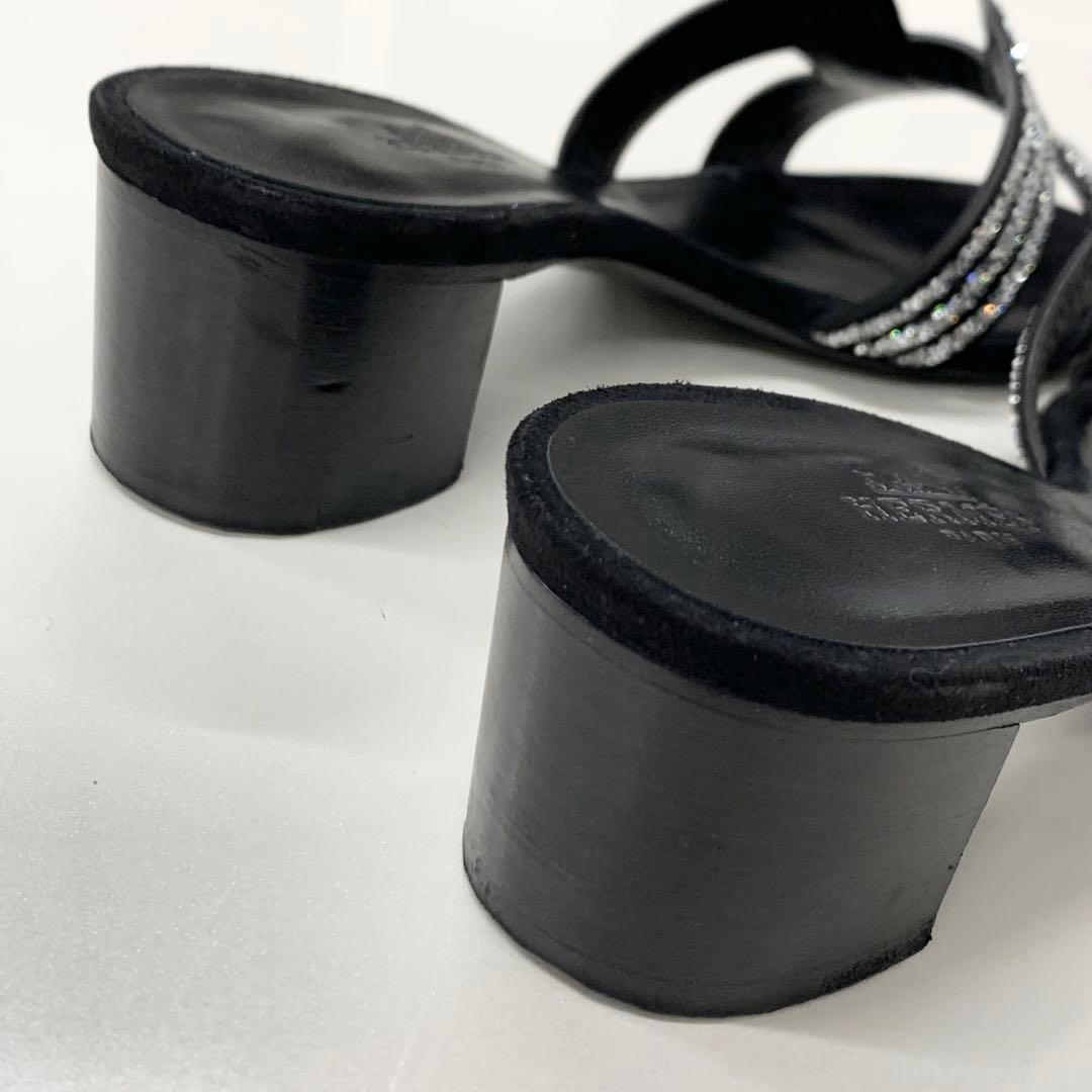 エルメス オアジス スエード フラットサンダル ラインストーン ブラック