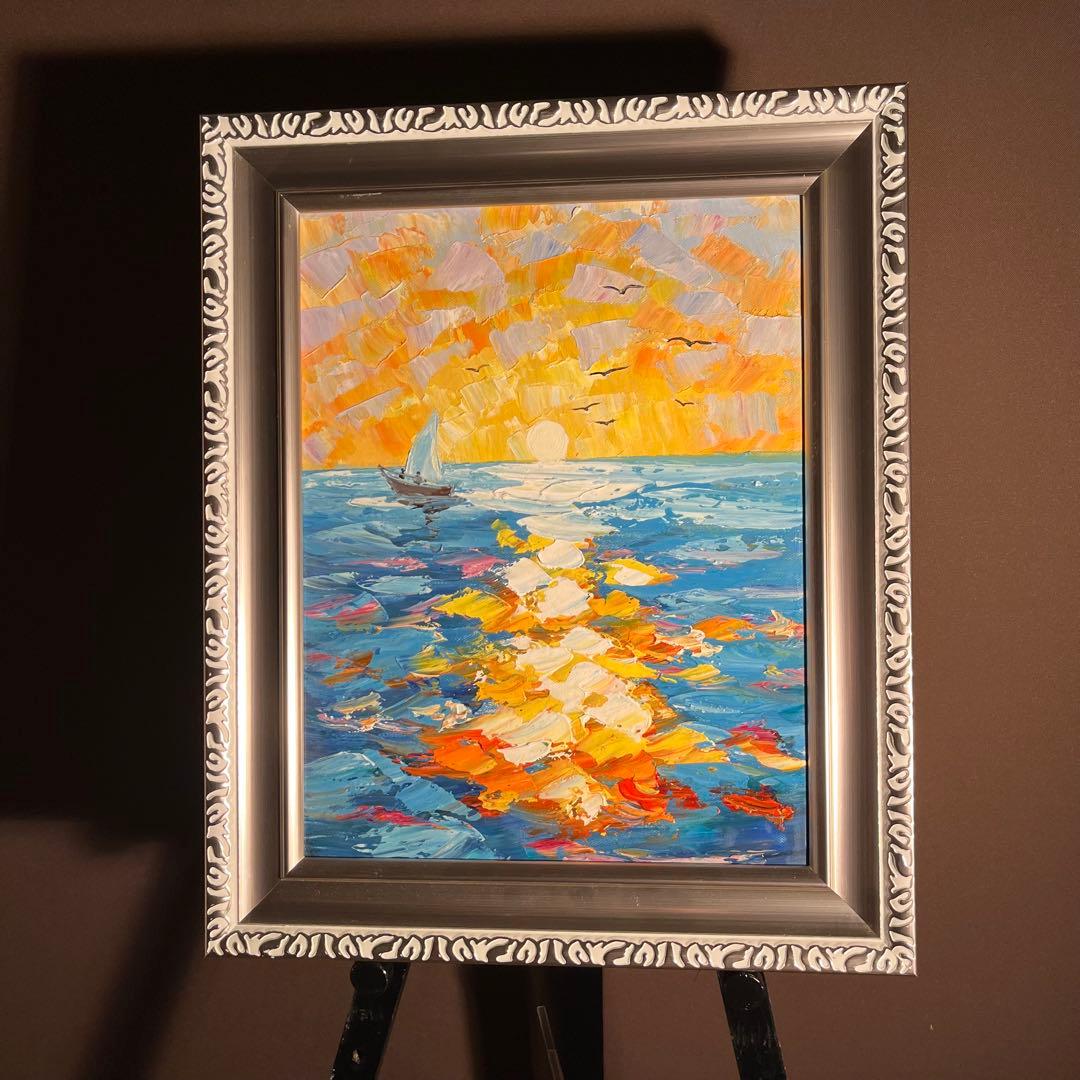 手書き油絵 sun set夕陽 額付 インテリア 油彩画 肉筆絵画