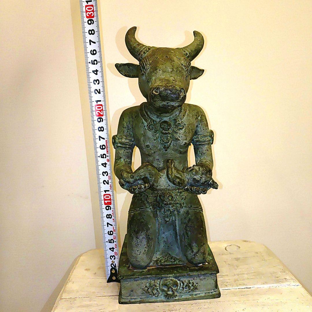 青銅 牛頭人型 彫刻 約28cm　チベット仏教の牛頭法王