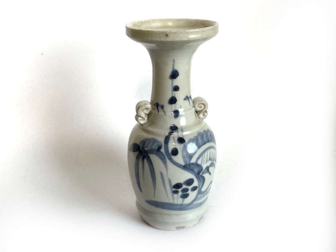 骨董　アンティーク　古伊万里　染付　双耳花入　仏花器　縁キズ　初期伊万里