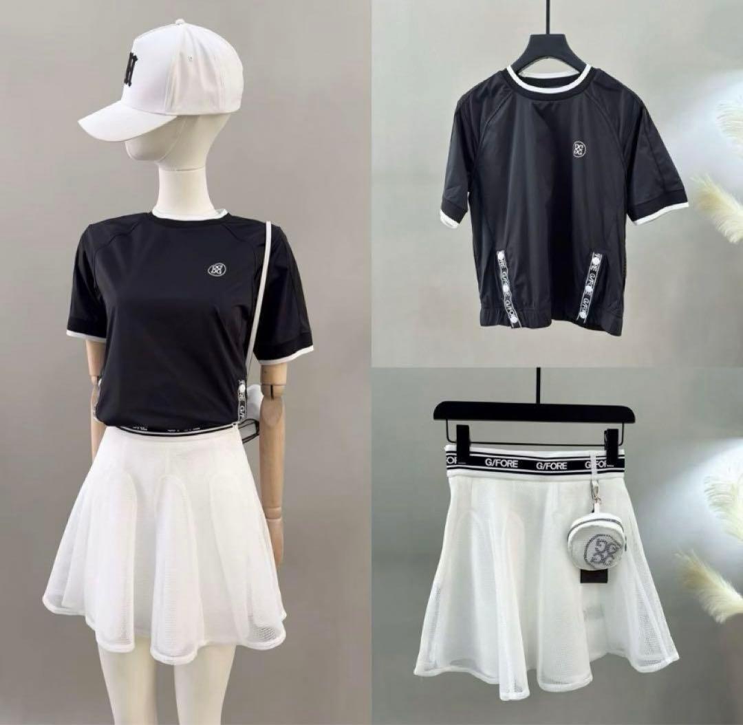 G/FORE ジーフォア レディース ゴルフウェアセット 黒シャツ 白スカート