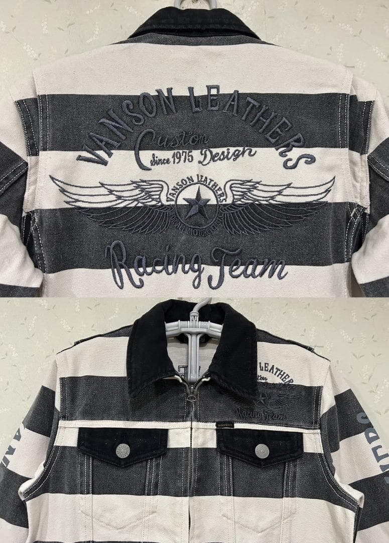 ＊VANSON バック刺繍 囚人 ボーダー つなぎ オールインワン バイカー S