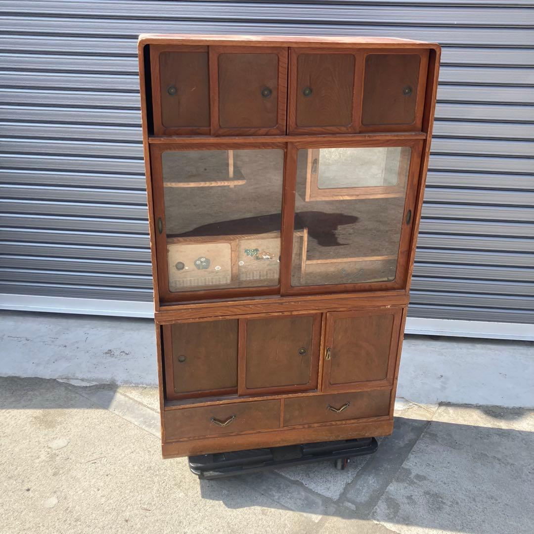 昭和レトロ 無垢材 木製 茶箪笥 茶棚 ガラス戸 サイドボード 古家具 古民家
