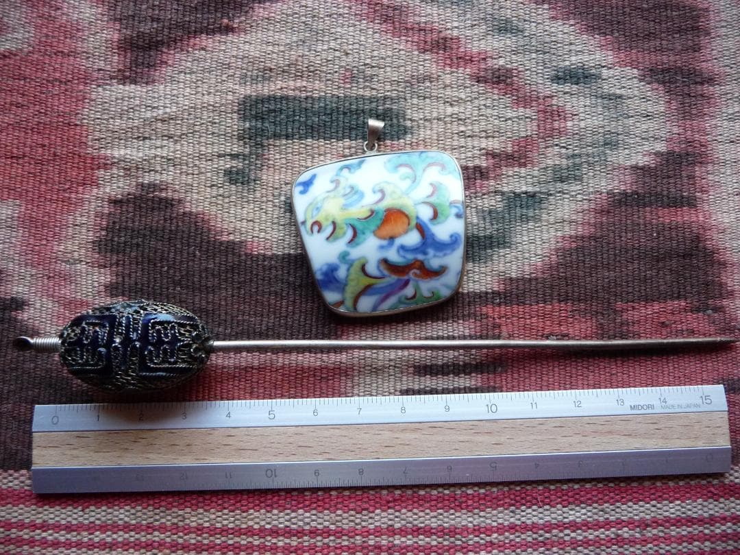 中国　銀細工　七宝　銀線　簪　粉彩　ペンダント