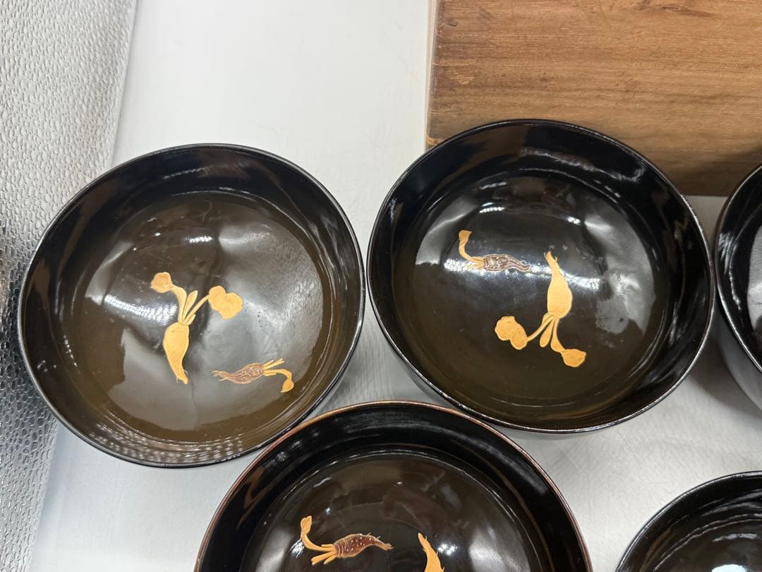 時代　輪島塗　黒蒔絵　大根模様吸い物椀9点　木製　共箱260204