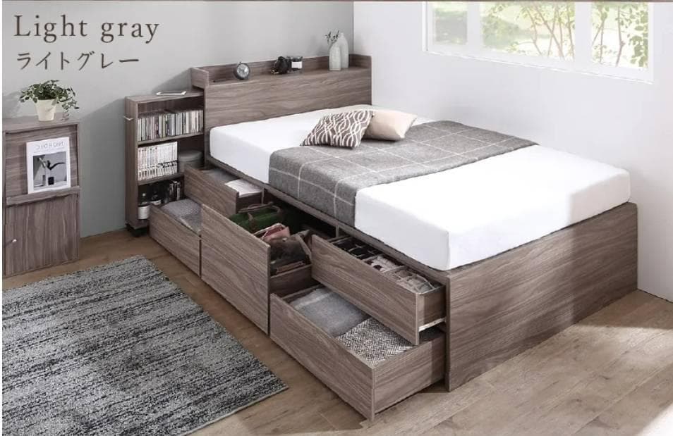 ダブルサイズ スライド収納付き 大容量チェストベッド ライトグレー