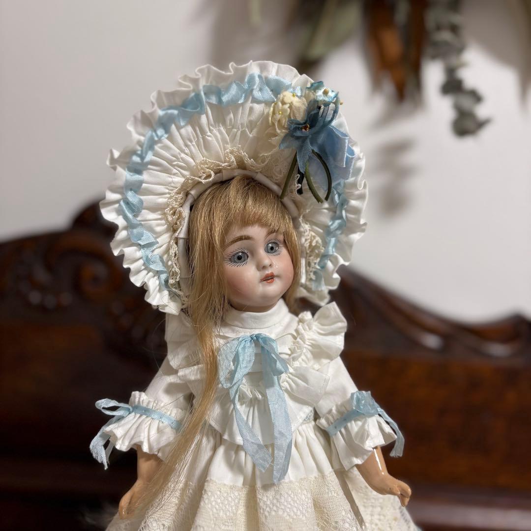 アンティークドール ビスクドール ドレス ボネ ブルー リボン レース