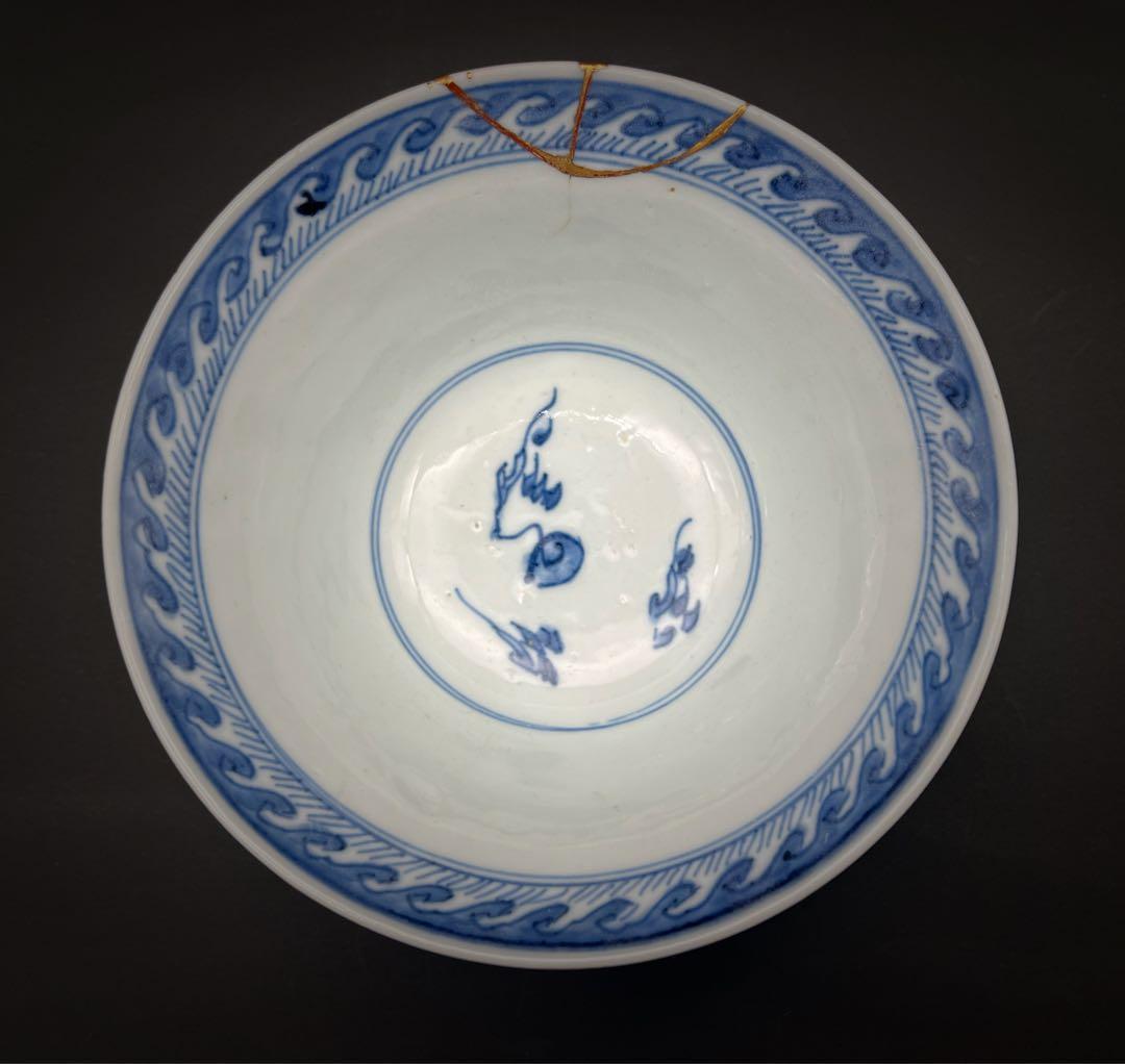 中国美術 古玩 清 康熙 梵文團龍紋青花大碗