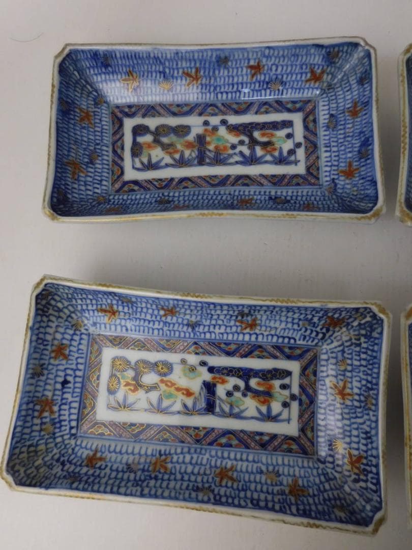 古伊万里　松竹梅唐草文長皿　4枚　明治初期