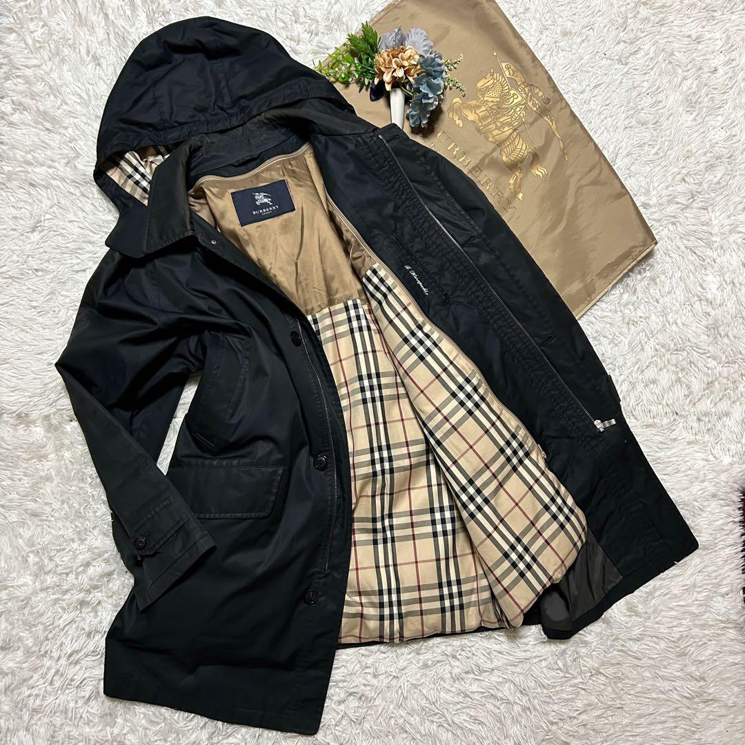 【LL】バーバリーロンドン フーデッドコート ダウンライナー ノバチェック 黒