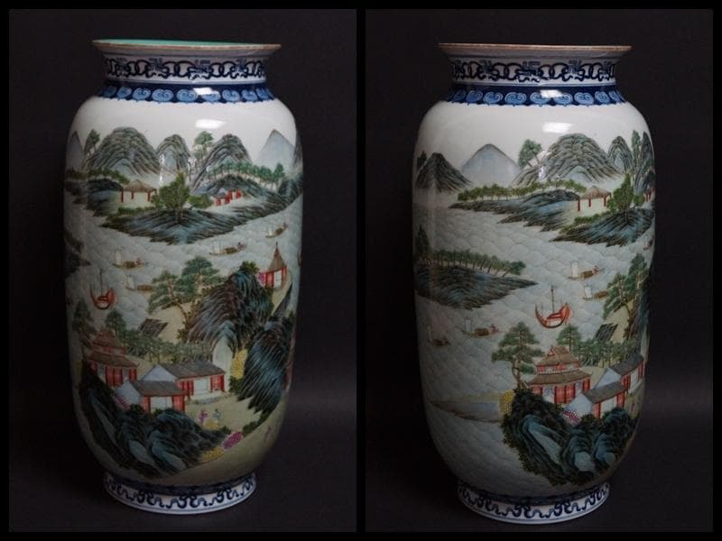 清 大清乾隆年製 粉彩色絵『山水風景人物漢詩文』飾壺 花器 高さ31.5㎝